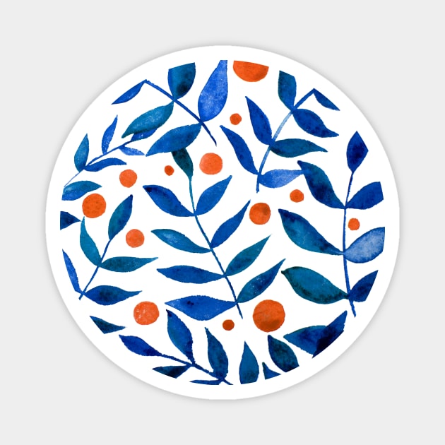 Watercolor branches and berries - blue and orange Magnet by wackapacka